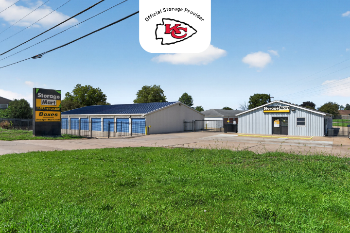 Facility exterior at StorageMart in Daveport Iowa with Kansas City Chiefs Partnership logo